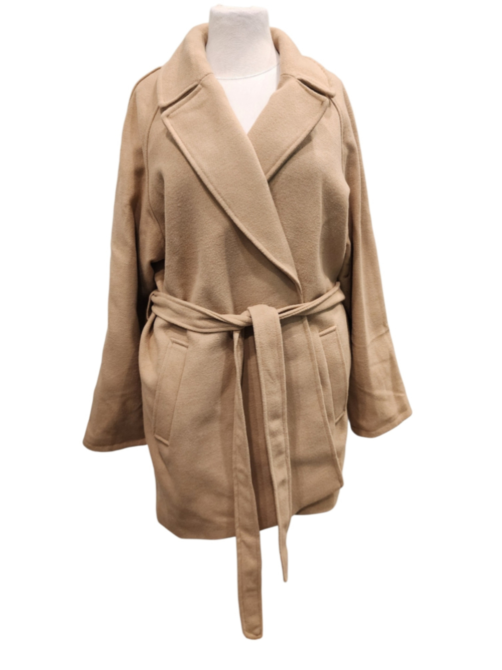 H&M Tan Beige Belted Wrap Coat Jacket Women's Size XL Oversized Longline Peacoat